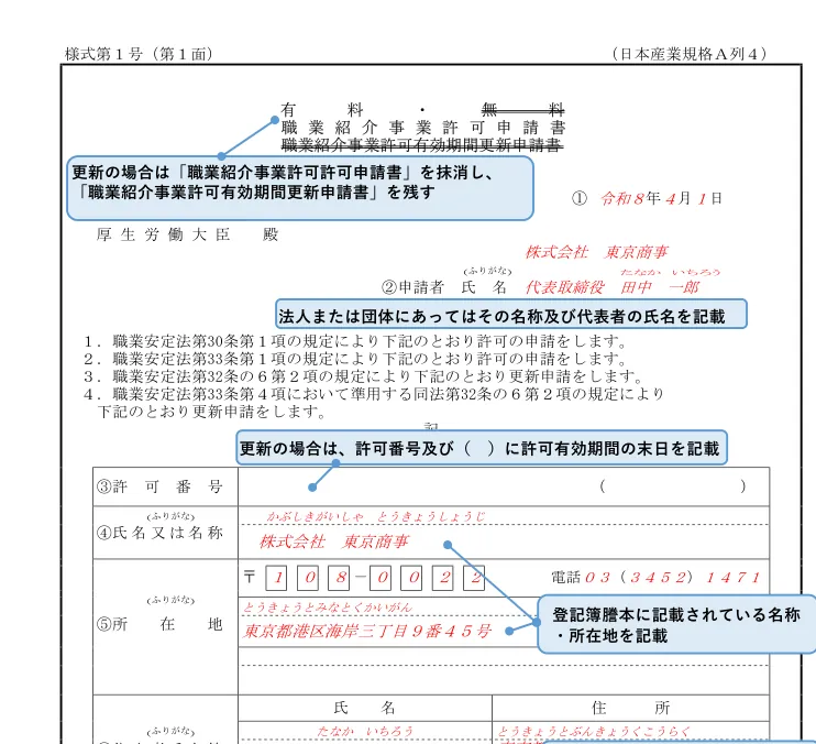 職業紹介事業許可申請書のサンプル