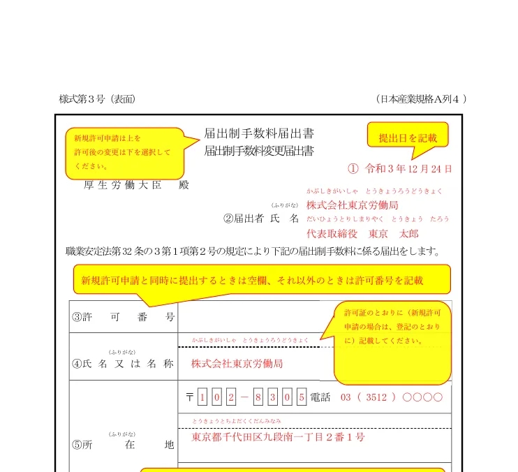 届出制手数料届出書のサンプル